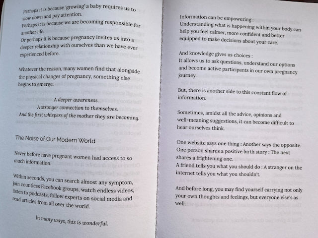 Inside pages of Wise & With Child exploring pregnancy information, informed choices and finding your own voice amongst conflicting advice.