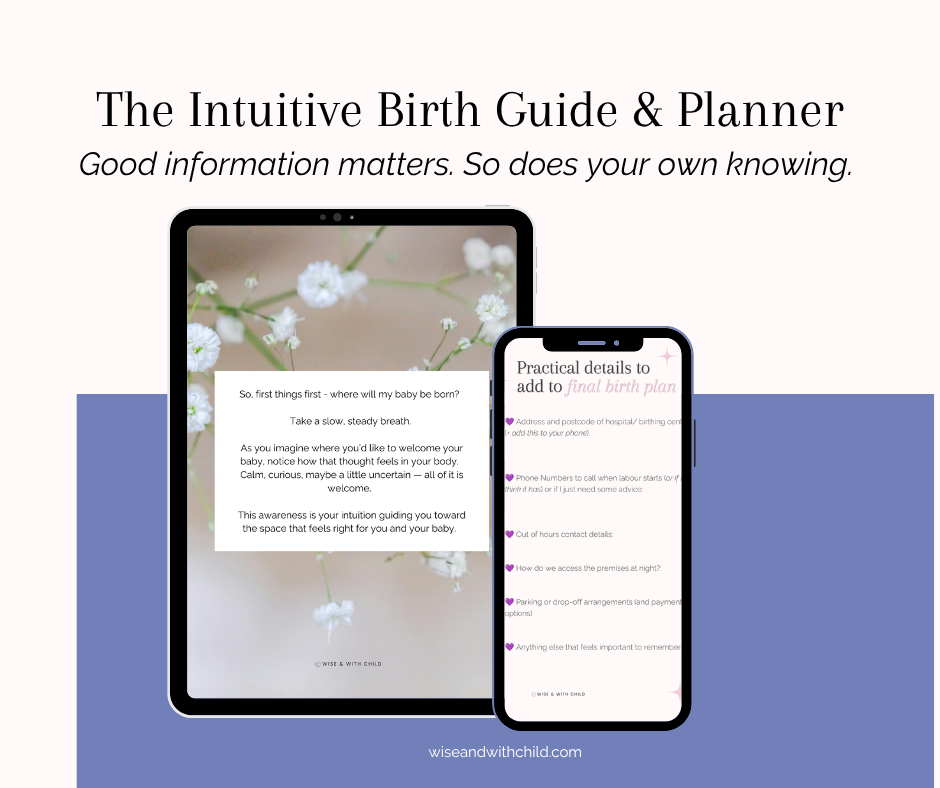 The Intuitive Birth Guide & Planner displayed on a tablet and phone, with guidance for exploring birth choices and creating a personal birth plan.